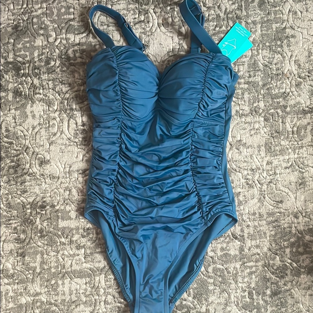 Aqua Green Blue Ruched One Piece Swimsuit
